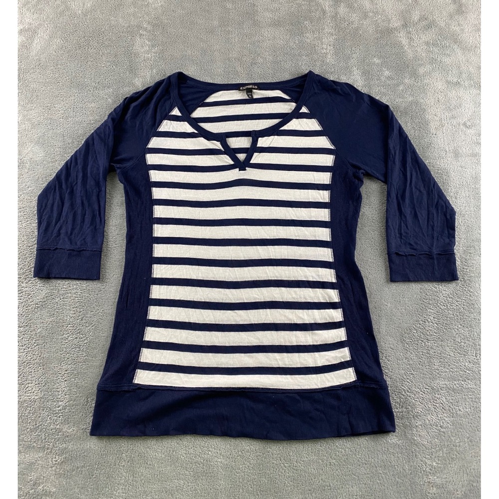 Express Womens Navy Blue White Striped 3/4 Sleeve Split V-Neck Top Size Medium